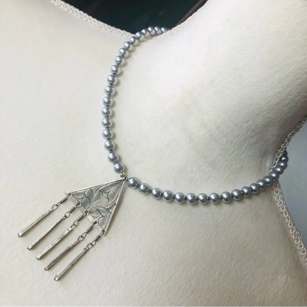 Handcrafted repurpose southwest etched steel pendant Czech glass Pearl necklace